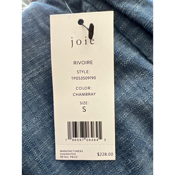 Joie Rivoire NWT Blue Chambray Ruffle Puff Sleeve Cotton Blouse Top size Small - Picture 14 of 16